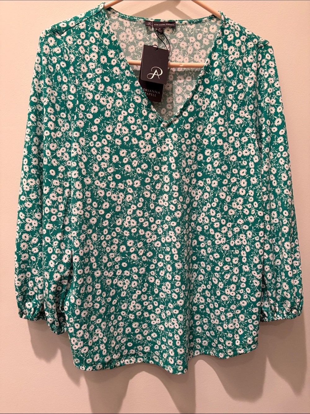 Adrianna Papell Green Daisy-Print V-Neck Blouse, NWT